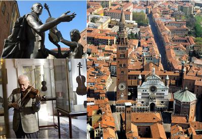 Cremona: Antonio Stradivari (top), Violinist in violin museum (bottom)