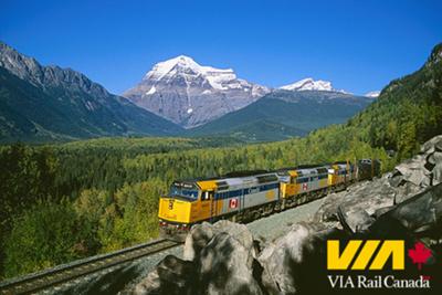 Via Rail Canada runs beside the Canadian Rocky Mountains