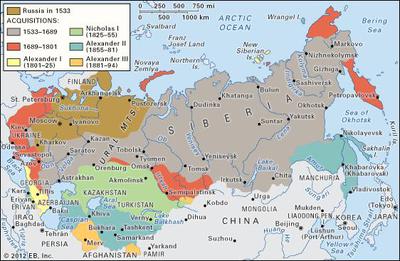 Map showing Russian expansion in different stages