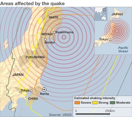 Area affected by Japan earthquake of Mar. 11, 2011