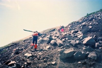 Mt. Norikura-dake hiking trail in ski boots