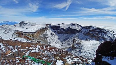 Snow-covered Mt. Fuji summit, Sept. 7, 2021