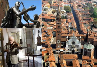 Cremona: Antonio Stradivari (top), Violinist in violin museum (bottom)